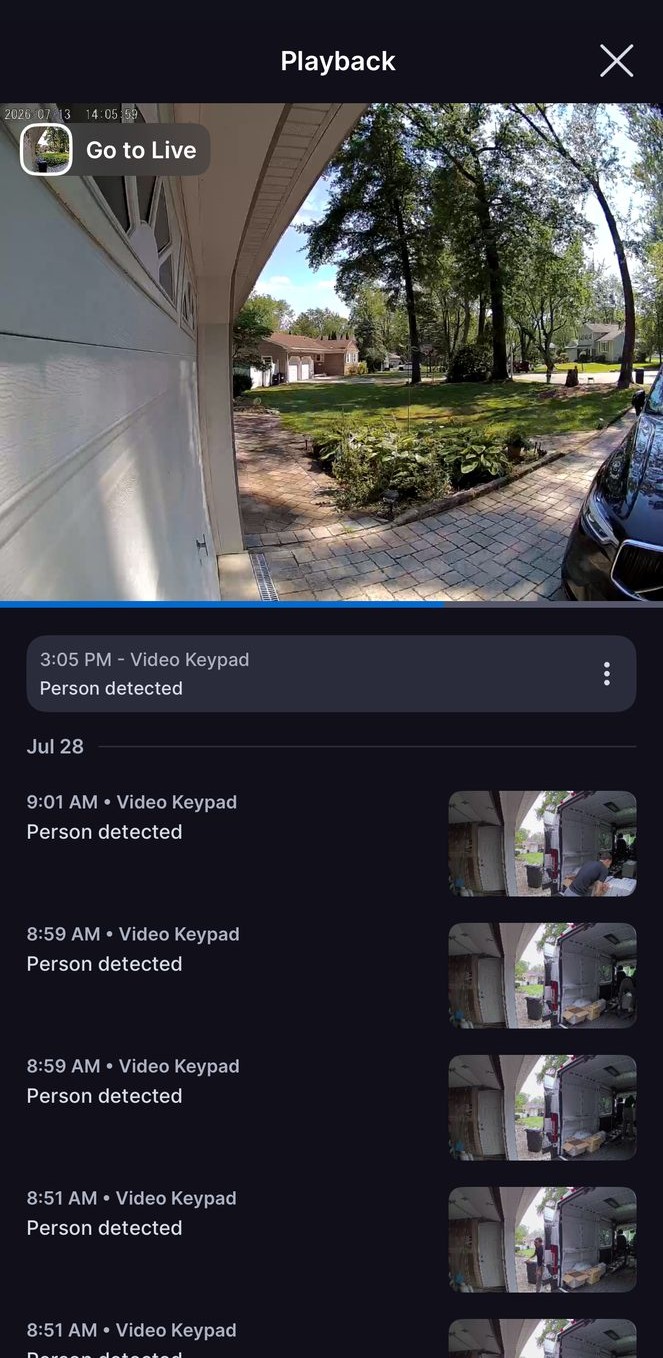 What you see on your phone: the live view from the keypad, and every person it detected, with the time